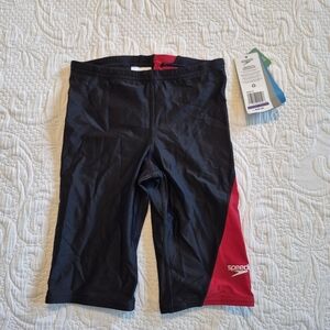 Speedo boys size 26 approx 7-8 PowerFlex Eco black & red swim shorts NEW